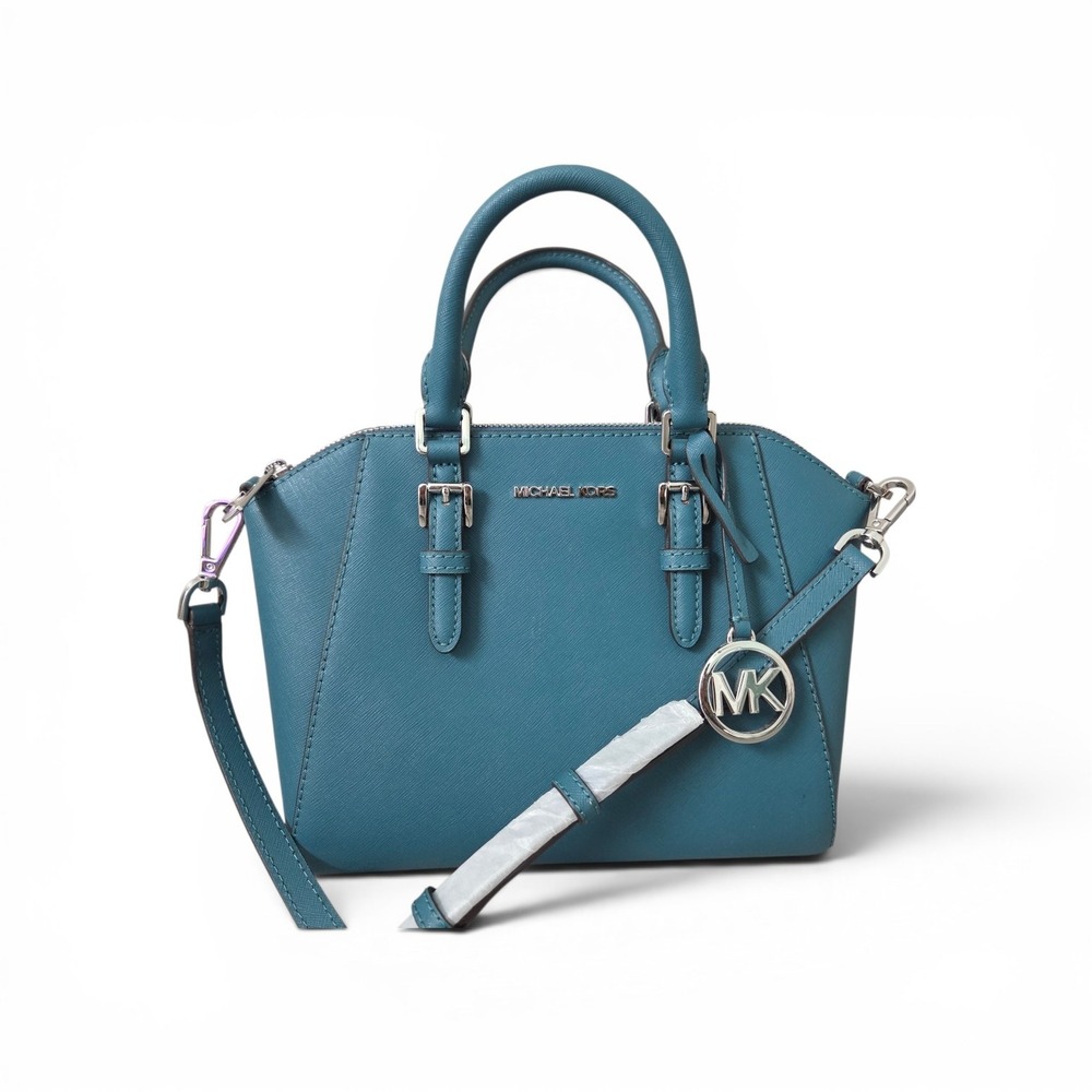 Michael Kors Ciara Medium Satchel Women Teal Blue Saffiano Leather Crossbody Bag